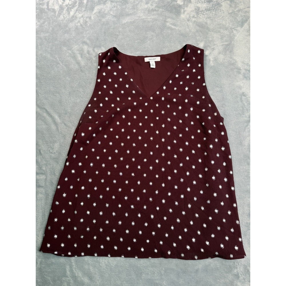Nine West Tank Top Womens Large Red Swiss Dot V Neck Sleeveless Summer Wear